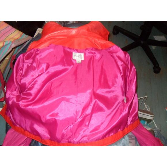 VINTAGE 80's UNWORN VAKKO PINK/ORANGE GLOVE LEATHER JACKET MOD S - Picture 5 of 11